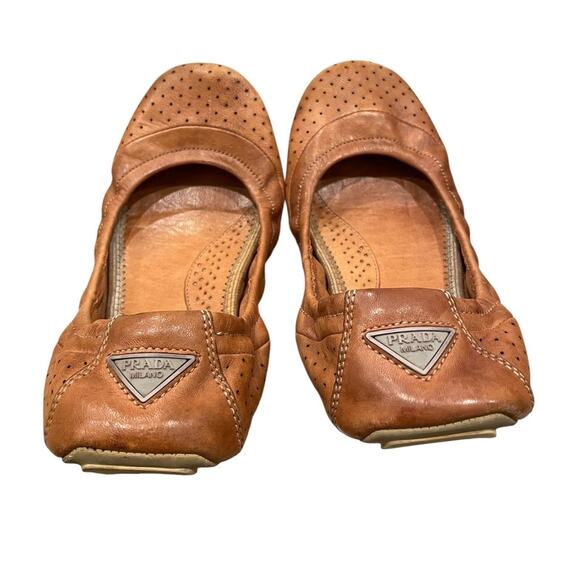 Prada Shoes Womens Size 36.5 Brown Leather Perforated Ballet Flats Italy 3F5148 - Picture 1 of 6